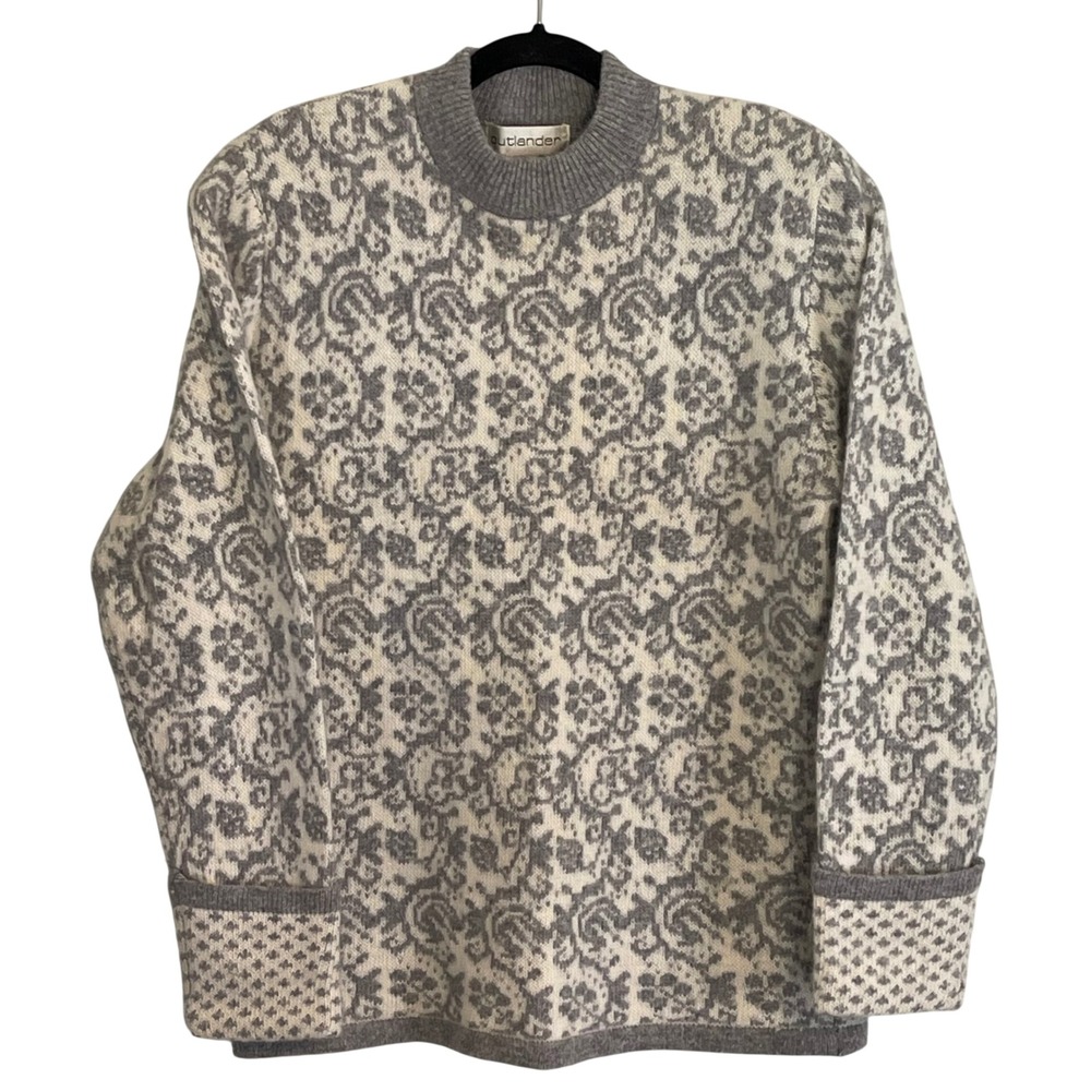 Vintage Outlander Grey Angora Lambswool Damask Mock Neck Sweater Womens Medium
